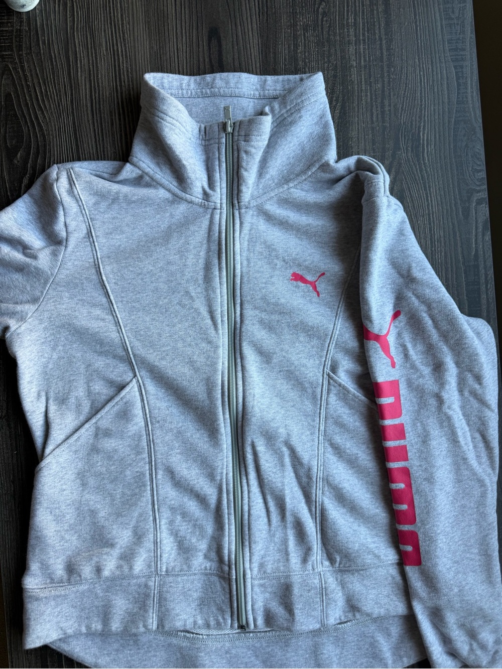 Puma Light Gray Zip Hoodie with Pink Logo